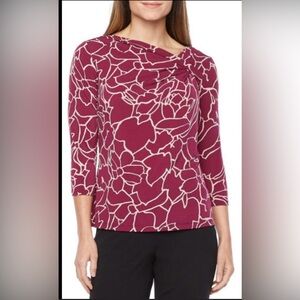 Liz Claiborne WomenPetite Blouse Geometric PM asymmetrical neckline 3/4 sleeves